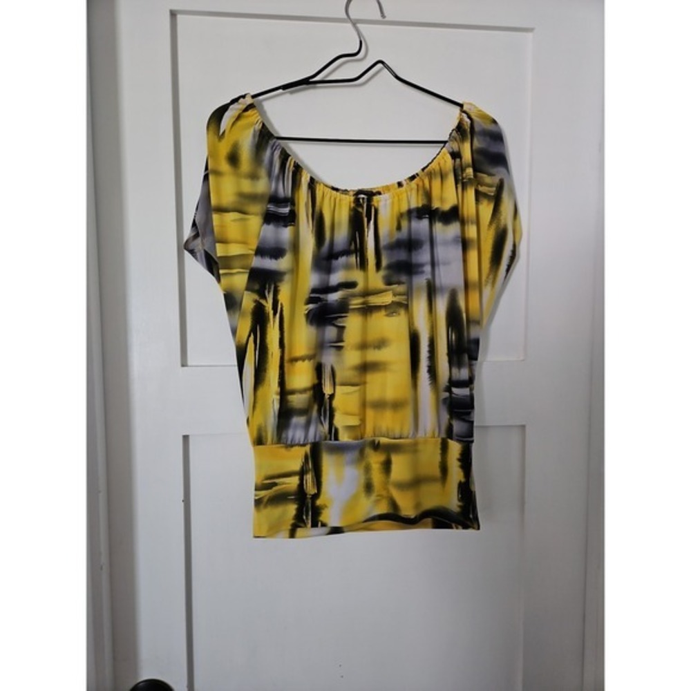 Sirens Abstract Blouson Blouse Women Medium Yellow Black Scoop Neck Y2K